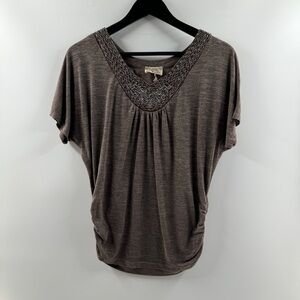 Lavish Short Sleeve Top Womens Size Medium Brown Embellished Neckline